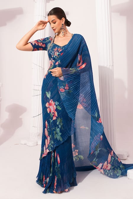 Buy_Preeti Mehta_Blue Chiffon, Lurex Foil Printing, Wildflower Deep Pre-draped Saree With Blouse _Online_at_Aza_Fashions