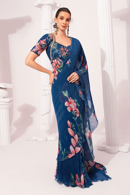 Shop_Preeti Mehta_Blue Chiffon, Lurex Foil Printing, Wildflower Deep Pre-draped Saree With Blouse _Online_at_Aza_Fashions