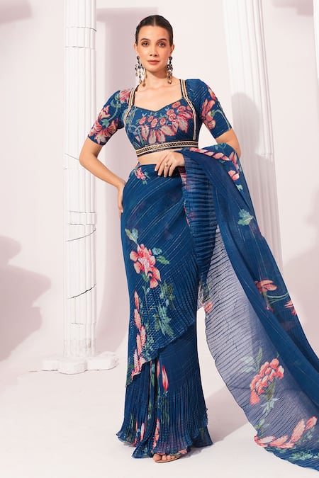 Preeti Mehta_Blue Chiffon, Lurex Foil Printing, Wildflower Deep Pre-draped Saree With Blouse _at_Aza_Fashions