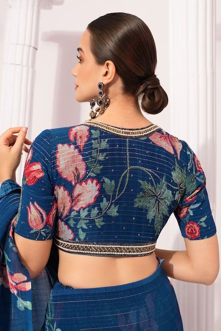 Preeti Mehta Wildflower Deep Blue Pre-Draped Saree With Blouse 