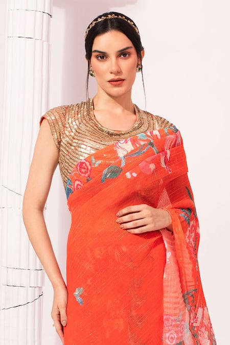 Preeti Mehta_Orange Chiffon, Lurex Sequins, Wildflower Muse Red Pre-draped Saree With Blouse _Online_at_Aza_Fashions