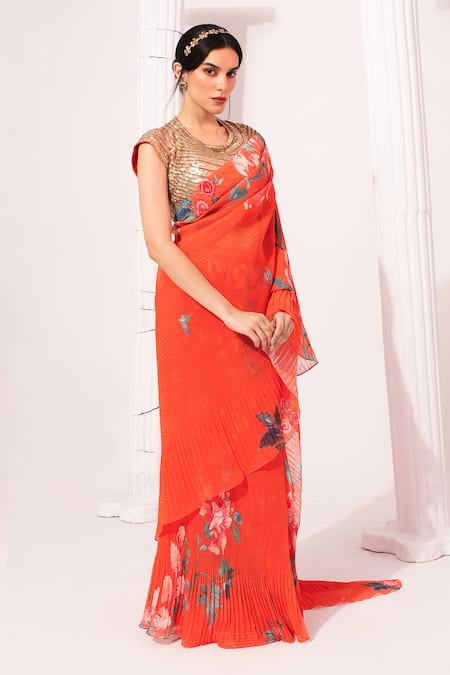 Buy_Preeti Mehta_Orange Chiffon, Lurex Sequins, Wildflower Muse Red Pre-draped Saree With Blouse _Online_at_Aza_Fashions