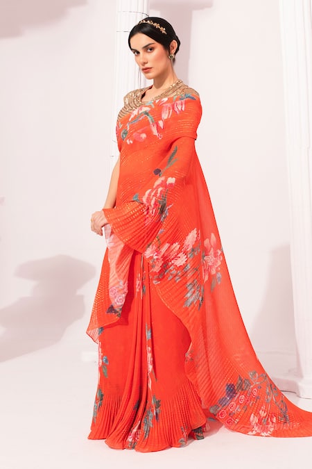 Shop_Preeti Mehta_Orange Chiffon, Lurex Sequins, Wildflower Muse Red Pre-draped Saree With Blouse _Online_at_Aza_Fashions