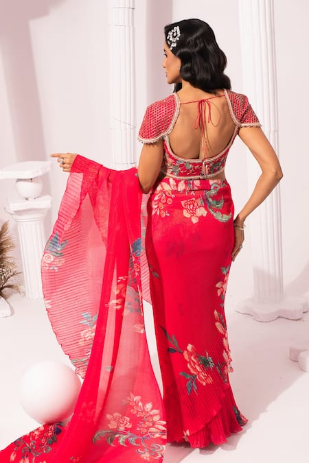 Preeti Mehta Wildflower Muse Cherry Pink Pre-Draped Saree With Blouse 