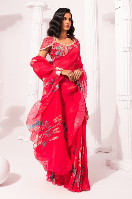 Preeti Mehta_Pink Chiffon, Lurex Wildflower Muse Cherry Pre-draped Saree With Blouse _Online_at_Aza_Fashions