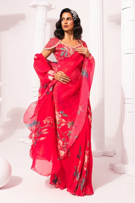 Buy_Preeti Mehta_Pink Chiffon, Lurex Wildflower Muse Cherry Pre-draped Saree With Blouse _Online_at_Aza_Fashions