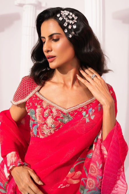 Shop_Preeti Mehta_Pink Chiffon, Lurex Wildflower Muse Cherry Pre-draped Saree With Blouse _Online_at_Aza_Fashions