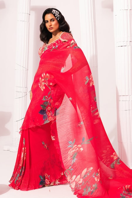 Preeti Mehta_Pink Chiffon, Lurex Wildflower Muse Cherry Pre-draped Saree With Blouse _at_Aza_Fashions