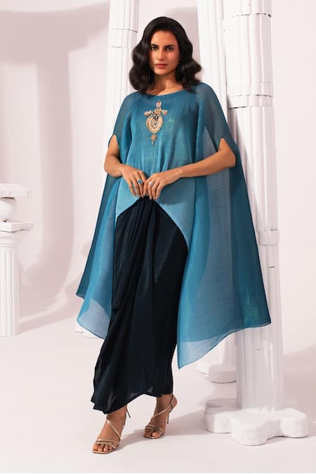Preeti Mehta_Blue Lurex, Chiffon, Polyester, Viscose, Ombre Ocean Kaftan And Dhoti Skirt Set _Online_at_Aza_Fashions