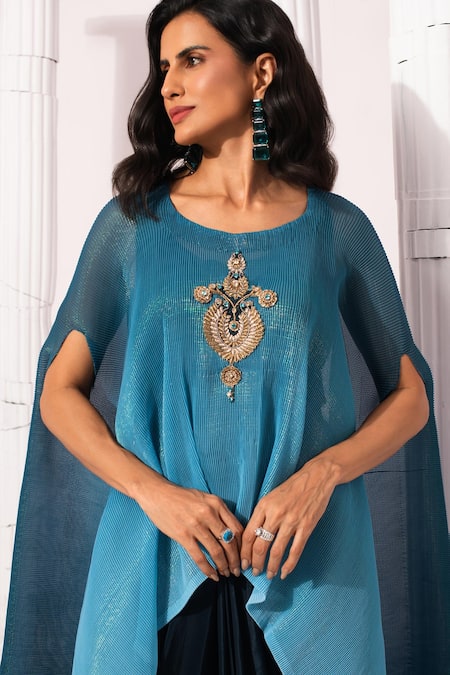 Buy_Preeti Mehta_Blue Lurex, Chiffon, Polyester, Viscose, Ombre Ocean Kaftan And Dhoti Skirt Set _Online_at_Aza_Fashions