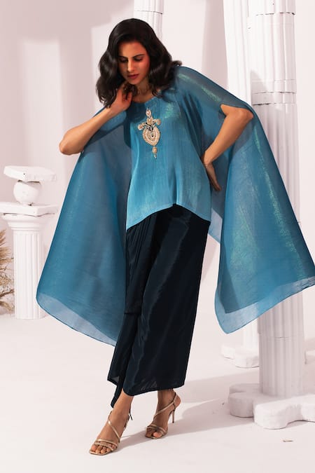 Shop_Preeti Mehta_Blue Lurex, Chiffon, Polyester, Viscose, Ombre Ocean Kaftan And Dhoti Skirt Set _Online_at_Aza_Fashions