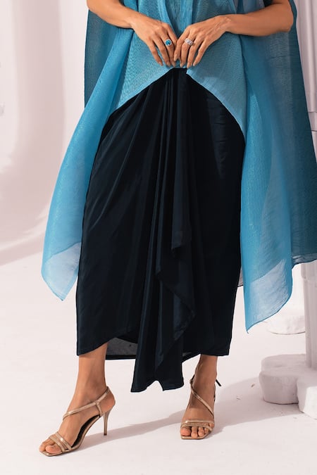Preeti Mehta_Blue Lurex, Chiffon, Polyester, Viscose, Ombre Ocean Kaftan And Dhoti Skirt Set _at_Aza_Fashions