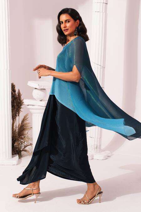 Buy_Preeti Mehta_Blue Lurex, Chiffon, Polyester, Viscose, Ombre Ocean Kaftan And Dhoti Skirt Set 
