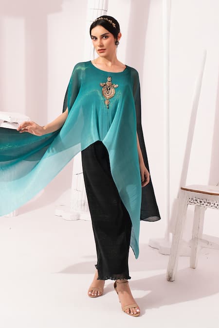 Buy_Preeti Mehta_Blue Chiffon, Lurex, Polyester, Viscose, Ombre Sea Kaftan And Dhoti Skirt Set _Online_at_Aza_Fashions