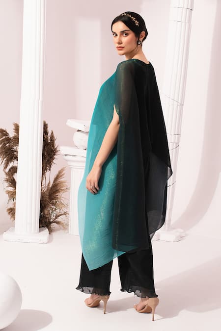 Shop_Preeti Mehta_Blue Chiffon, Lurex, Polyester, Viscose, Ombre Sea Kaftan And Dhoti Skirt Set _Online_at_Aza_Fashions