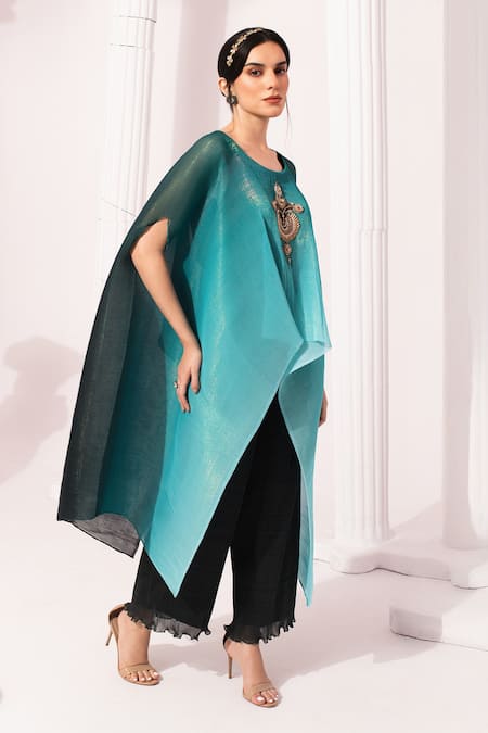 Preeti Mehta_Blue Chiffon, Lurex, Polyester, Viscose, Ombre Sea Kaftan And Dhoti Skirt Set _at_Aza_Fashions