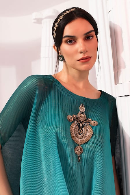 Shop_Preeti Mehta_Blue Chiffon, Lurex, Polyester, Viscose, Ombre Sea Kaftan And Dhoti Skirt Set 