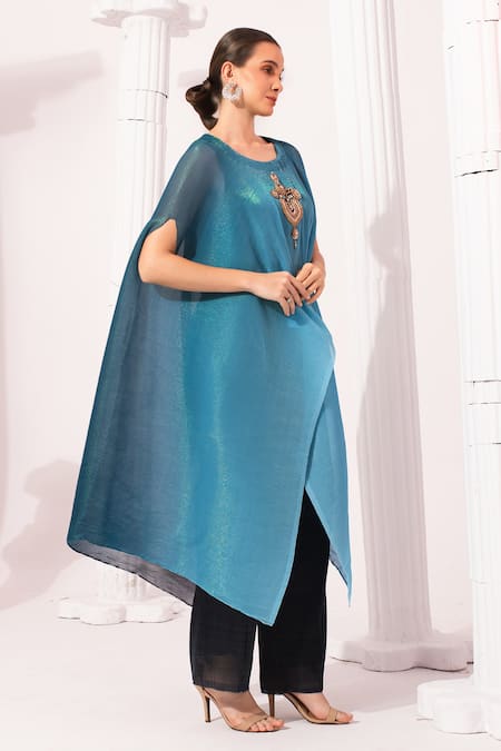 Preeti Mehta_Blue Chiffon, Lurex Embroidery, Beads Round Neck Ombre Ocean Kaftan And Pant Set _Online_at_Aza_Fashions