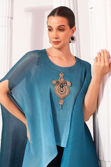 Buy_Preeti Mehta_Blue Chiffon, Lurex Embroidery, Beads Round Neck Ombre Ocean Kaftan And Pant Set _Online_at_Aza_Fashions