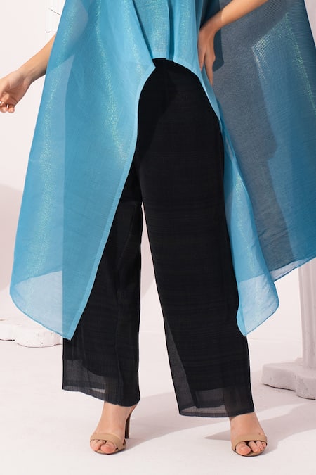 Preeti Mehta_Blue Chiffon, Lurex Embroidery, Beads Round Neck Ombre Ocean Kaftan And Pant Set _at_Aza_Fashions