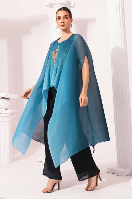Buy_Preeti Mehta_Blue Chiffon, Lurex Embroidery, Beads Round Neck Ombre Ocean Kaftan And Pant Set 