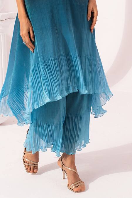Preeti Mehta_Blue Chiffon, Lurex Embroidery Round Neck Ombre Ocean Kaftan And Pant Set _Online_at_Aza_Fashions