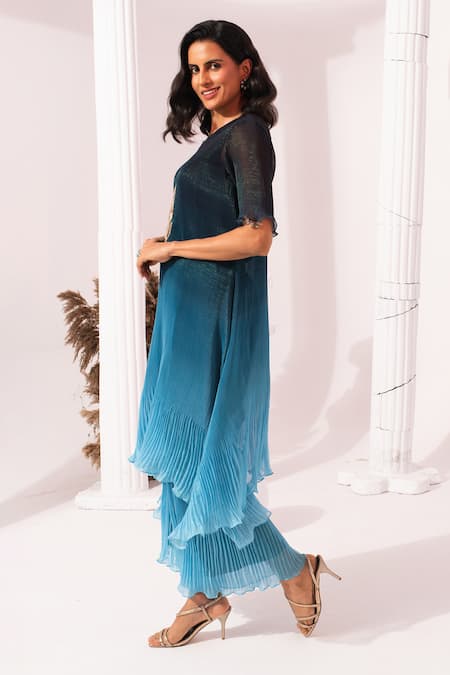 Buy_Preeti Mehta_Blue Chiffon, Lurex Embroidery Round Neck Ombre Ocean Kaftan And Pant Set _Online_at_Aza_Fashions
