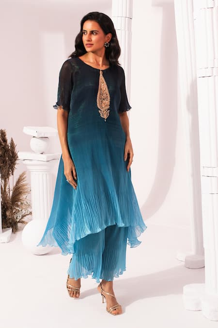 Shop_Preeti Mehta_Blue Chiffon, Lurex Embroidery Round Neck Ombre Ocean Kaftan And Pant Set _Online_at_Aza_Fashions