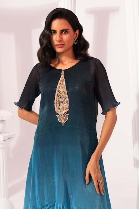 Preeti Mehta_Blue Chiffon, Lurex Embroidery Round Neck Ombre Ocean Kaftan And Pant Set _at_Aza_Fashions