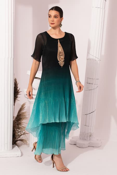 Preeti Mehta_Blue Chiffon, Lurex Embroidery, Metallic Thread Ombre Sea Kaftan And Pant Set _Online_at_Aza_Fashions