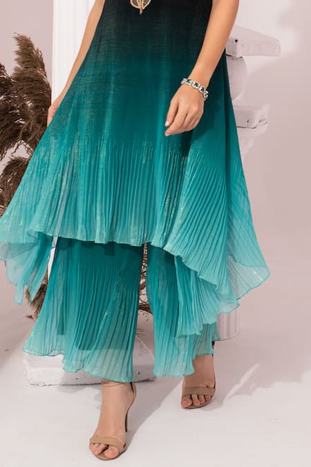 Preeti Mehta_Blue Chiffon, Lurex Embroidery, Metallic Thread Ombre Sea Kaftan And Pant Set _at_Aza_Fashions