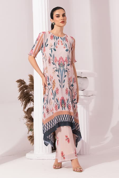 Preeti Mehta_Cream Viscose Georgette, Checks And Whimsy Hand Painted Kaftan & Pant Set _Online_at_Aza_Fashions