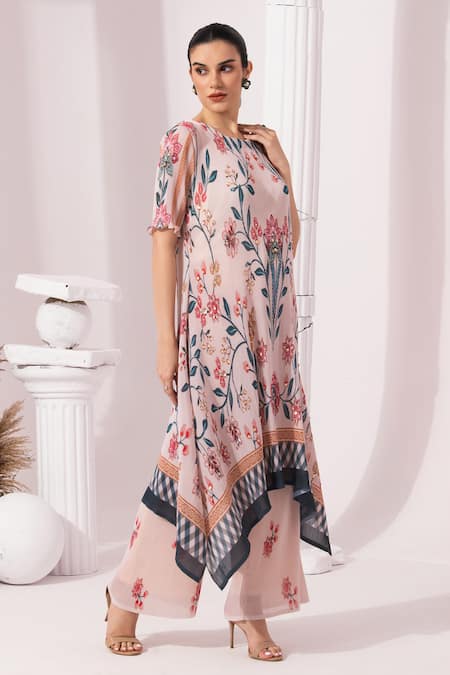 Buy_Preeti Mehta_Cream Viscose Georgette, Checks And Whimsy Hand Painted Kaftan & Pant Set _Online_at_Aza_Fashions