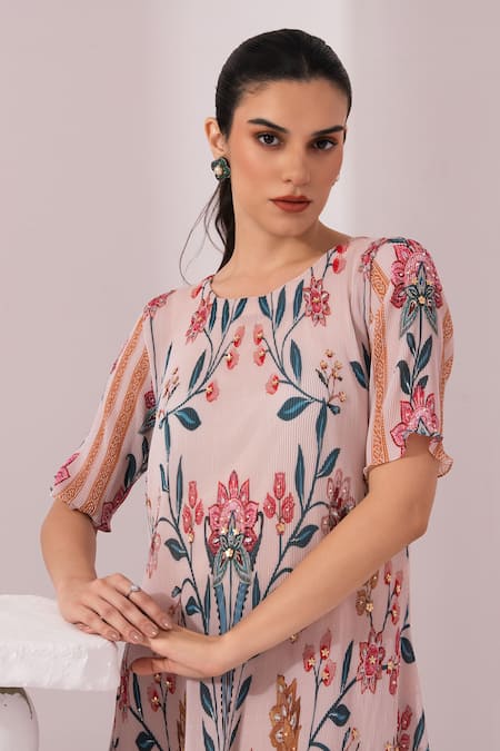 Shop_Preeti Mehta_Cream Viscose Georgette, Checks And Whimsy Hand Painted Kaftan & Pant Set _Online_at_Aza_Fashions