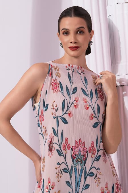 Shop_Preeti Mehta_Cream Viscose Georgette, Polyester Embroidery, Sequins Checks And Whimsy Dress _Online_at_Aza_Fashions