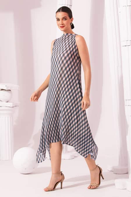 Preeti Mehta_Blue Viscose Georgette, Polyester High Neck Checks Pattern Dress _Online_at_Aza_Fashions