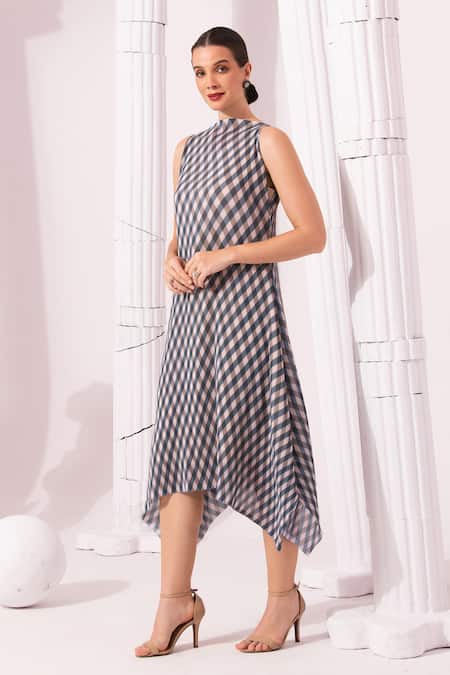Buy_Preeti Mehta_Blue Viscose Georgette, Polyester High Neck Checks Pattern Dress _Online_at_Aza_Fashions