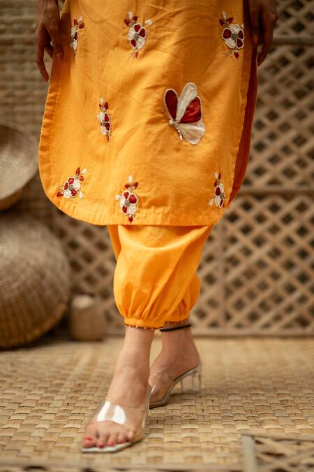 Buy_Vaani Beswal_Yellow Handloom Cotton Fabric Bagh Applique Floral Kurta And Barrel Pant Set _Online_at_Aza_Fashions