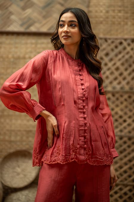 Vaani Beswal_Pink Chanderi Embroidery, Beads, Cut Work Bhumi Hand Pleated Top And Palazzo Set _Online_at_Aza_Fashions