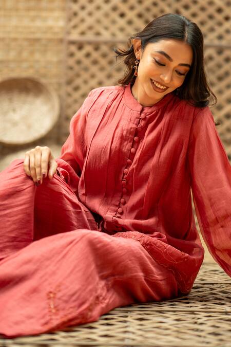 Buy_Vaani Beswal_Pink Chanderi Embroidery, Beads, Cut Work Bhumi Hand Pleated Top And Palazzo Set _Online_at_Aza_Fashions