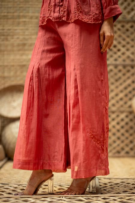 Shop_Vaani Beswal_Pink Chanderi Embroidery, Beads, Cut Work Bhumi Hand Pleated Top And Palazzo Set _Online_at_Aza_Fashions