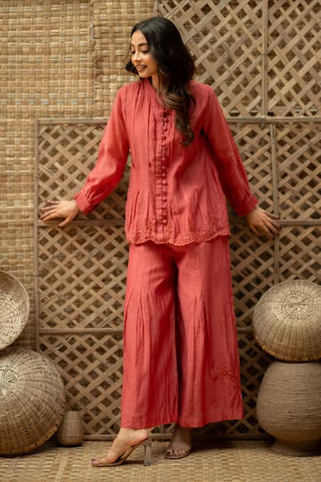 Vaani Beswal Bhumi Chanderi Hand Embroidered Pleated Top & Palazzo Set 