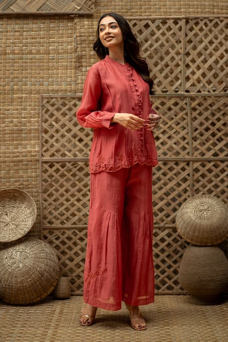 Buy_Vaani Beswal_Pink Chanderi Embroidery, Beads, Cut Work Bhumi Hand Pleated Top And Palazzo Set 