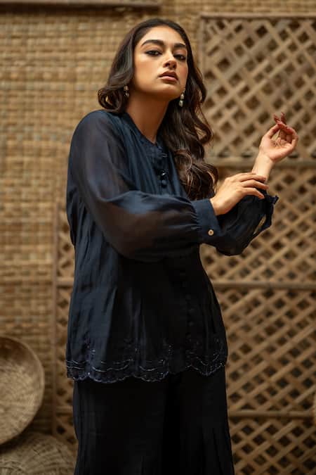 Buy_Vaani Beswal_Blue Chanderi Embroidery Round Neck Bhumi Top And Palazzo Set _Online_at_Aza_Fashions