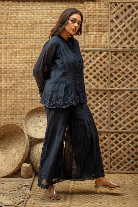 Buy_Vaani Beswal_Blue Chanderi Embroidery Round Neck Bhumi Top And Palazzo Set 