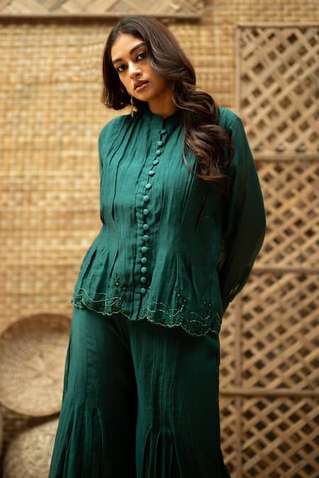 Vaani Beswal_Green Chanderi Embroidery, Beads Mandarin Bhumi Button-down Top And Palazzo Set _Online_at_Aza_Fashions