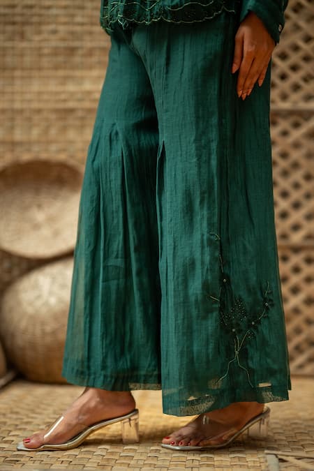 Buy_Vaani Beswal_Green Chanderi Embroidery, Beads Mandarin Bhumi Button-down Top And Palazzo Set _Online_at_Aza_Fashions