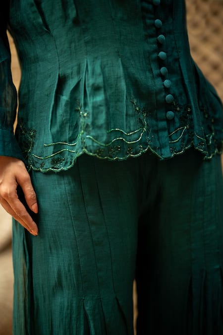 Shop_Vaani Beswal_Green Chanderi Embroidery, Beads Mandarin Bhumi Button-down Top And Palazzo Set _Online_at_Aza_Fashions