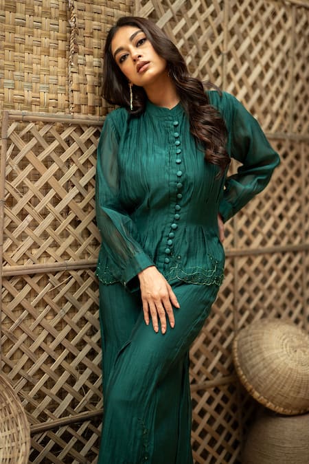 Vaani Beswal_Green Chanderi Embroidery, Beads Mandarin Bhumi Button-down Top And Palazzo Set _at_Aza_Fashions
