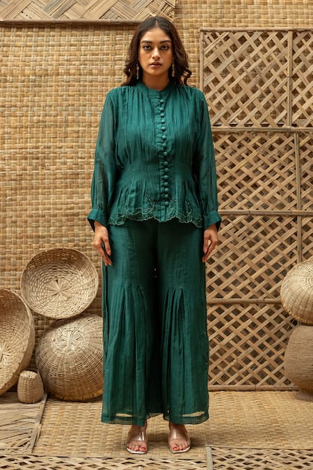 Shop_Vaani Beswal_Green Chanderi Embroidery, Beads Mandarin Bhumi Button-down Top And Palazzo Set 